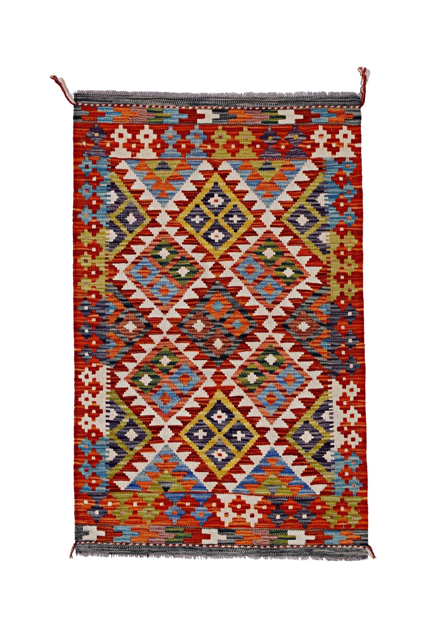 Handwoven Afghan Maimana kilim rug featuring a vibrant geometric diamond pattern in wool.