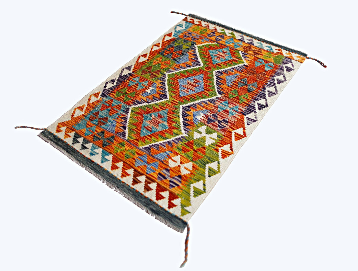 A rectangular handmade Afghan Maimana kilim featuring vibrant geometric patterns in wool.