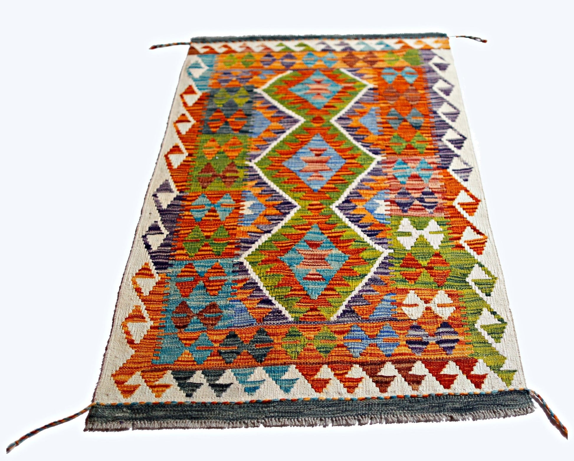 Handwoven Afghan Maimana kilim rug featuring a vibrant geometric diamond pattern in wool.