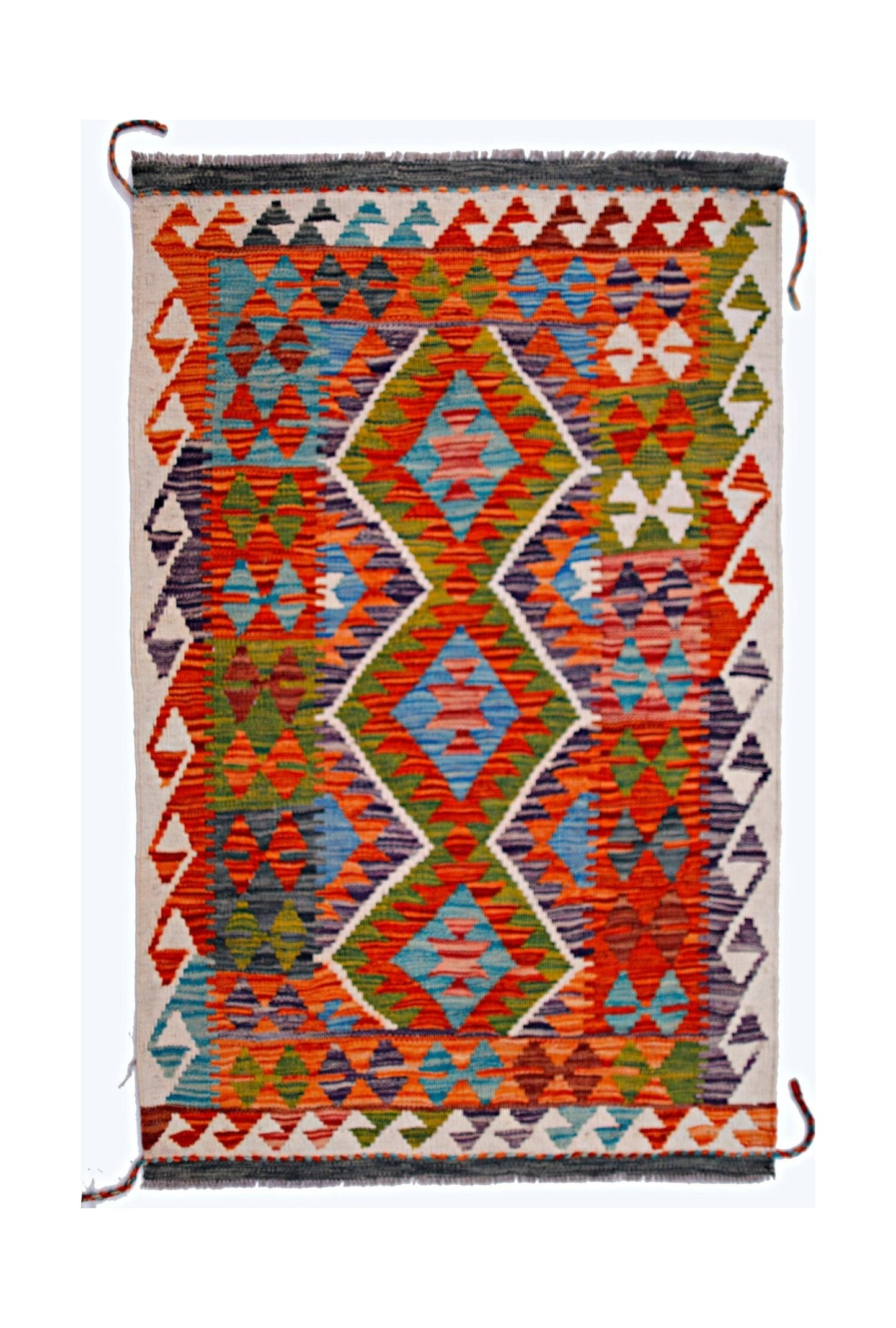 Handwoven Afghan Maimana kilim featuring a vibrant geometric diamond pattern in wool.