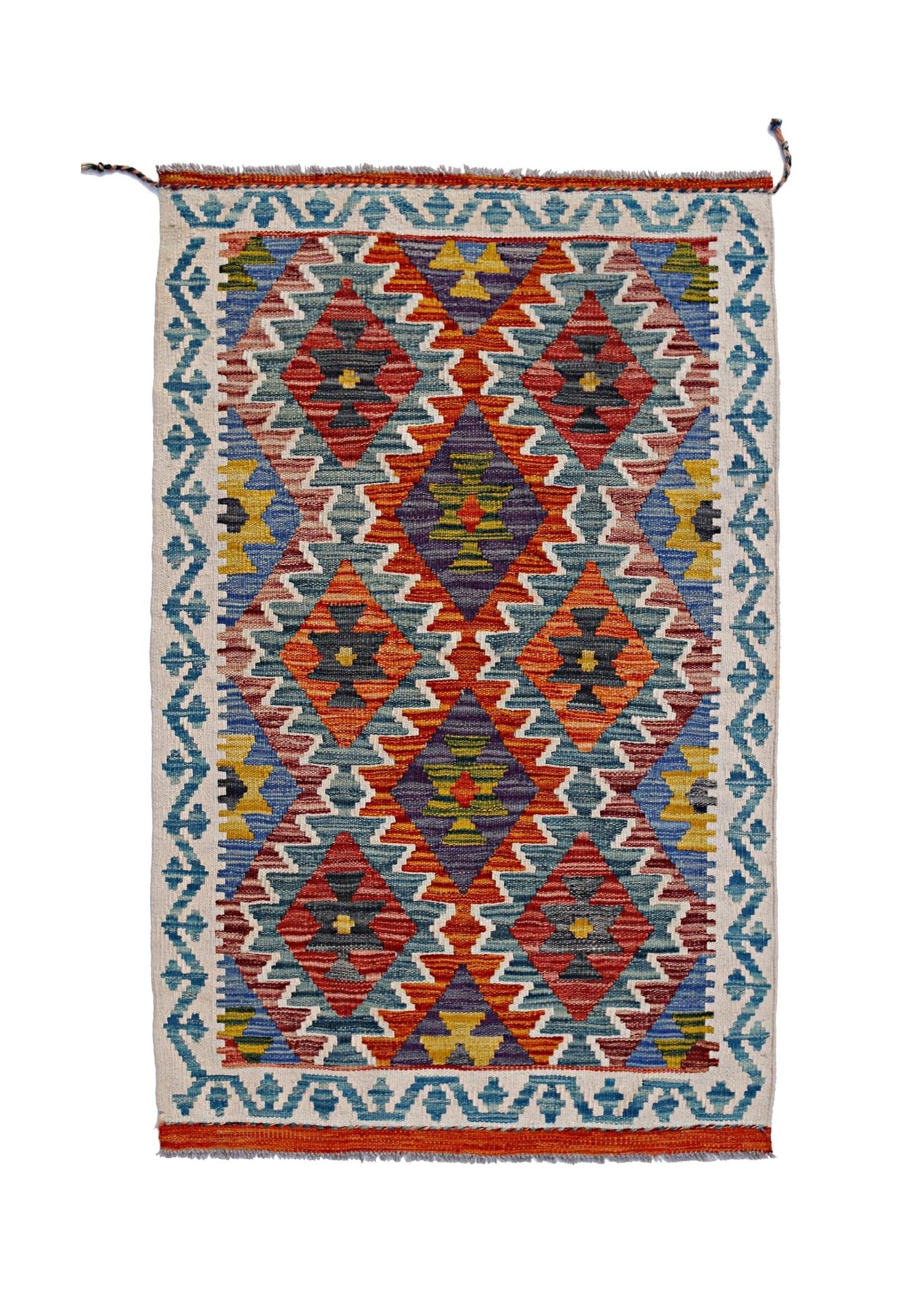 Handwoven Afghan Maimana kilim rug featuring a vibrant geometric diamond pattern in wool.