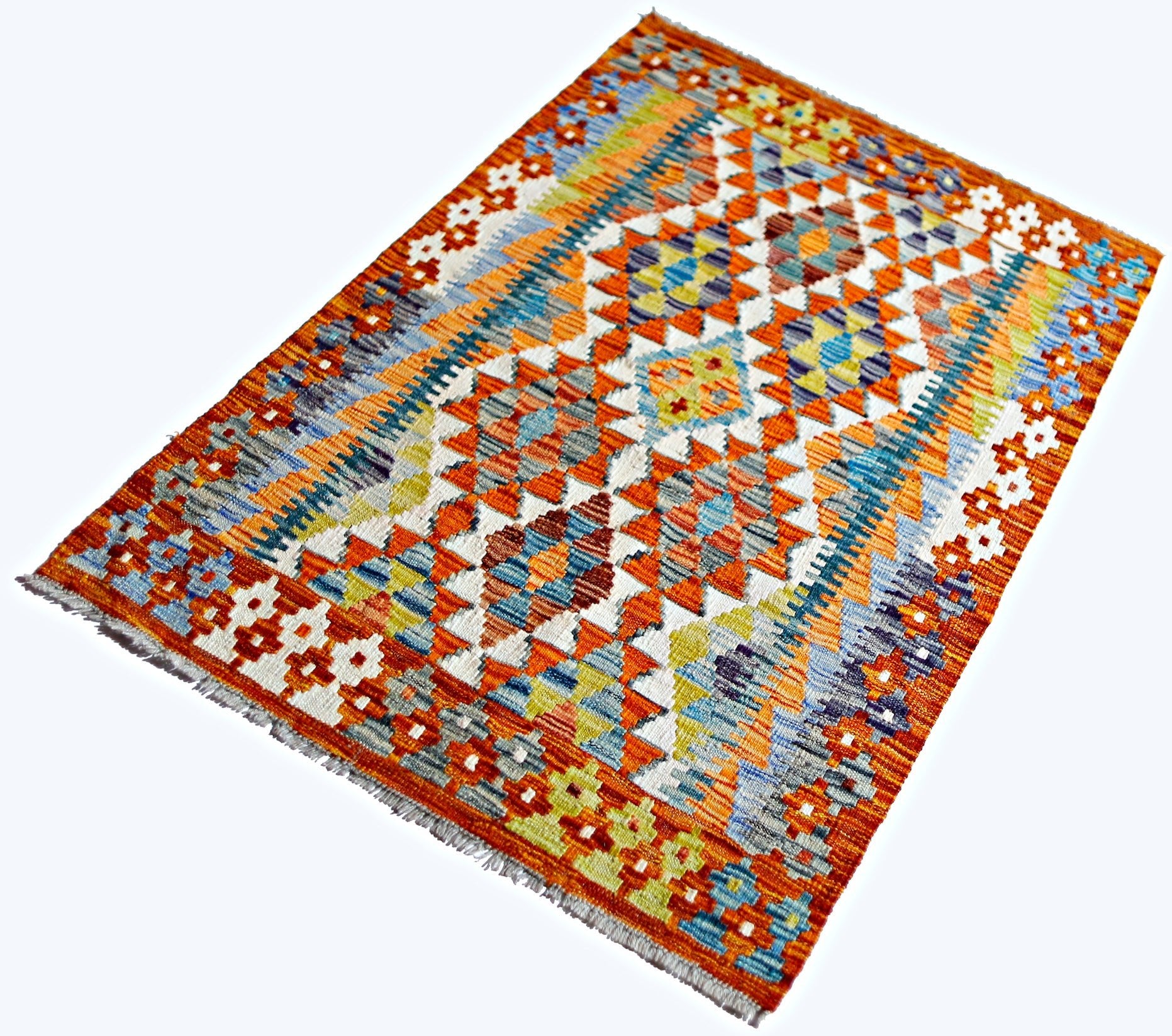 Handwoven Afghan Maimana kilim rug featuring a vibrant geometric pattern in wool.