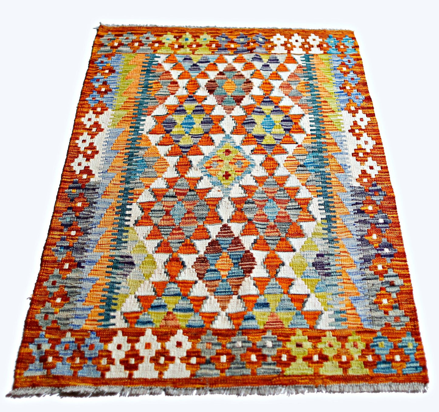 Handwoven Afghan Maimana kilim rug featuring a vibrant geometric diamond pattern in wool.