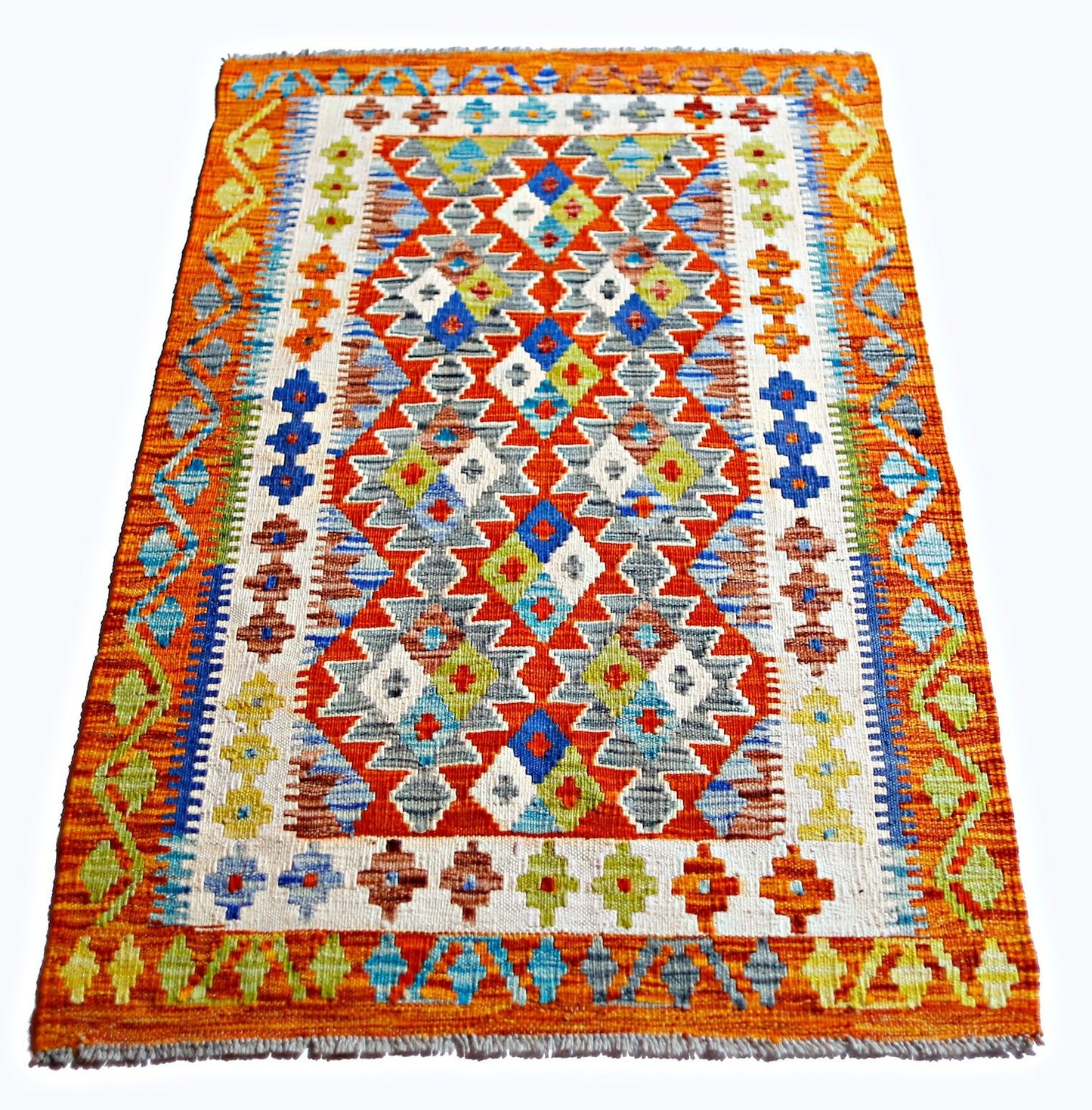 Handwoven Afghan Maimana kilim rug featuring a vibrant geometric pattern in wool.