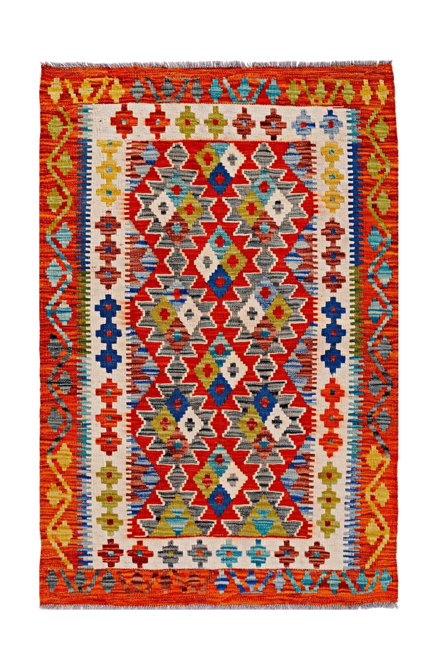 Handwoven Afghan Maimana kilim rug featuring a vibrant geometric pattern in wool.