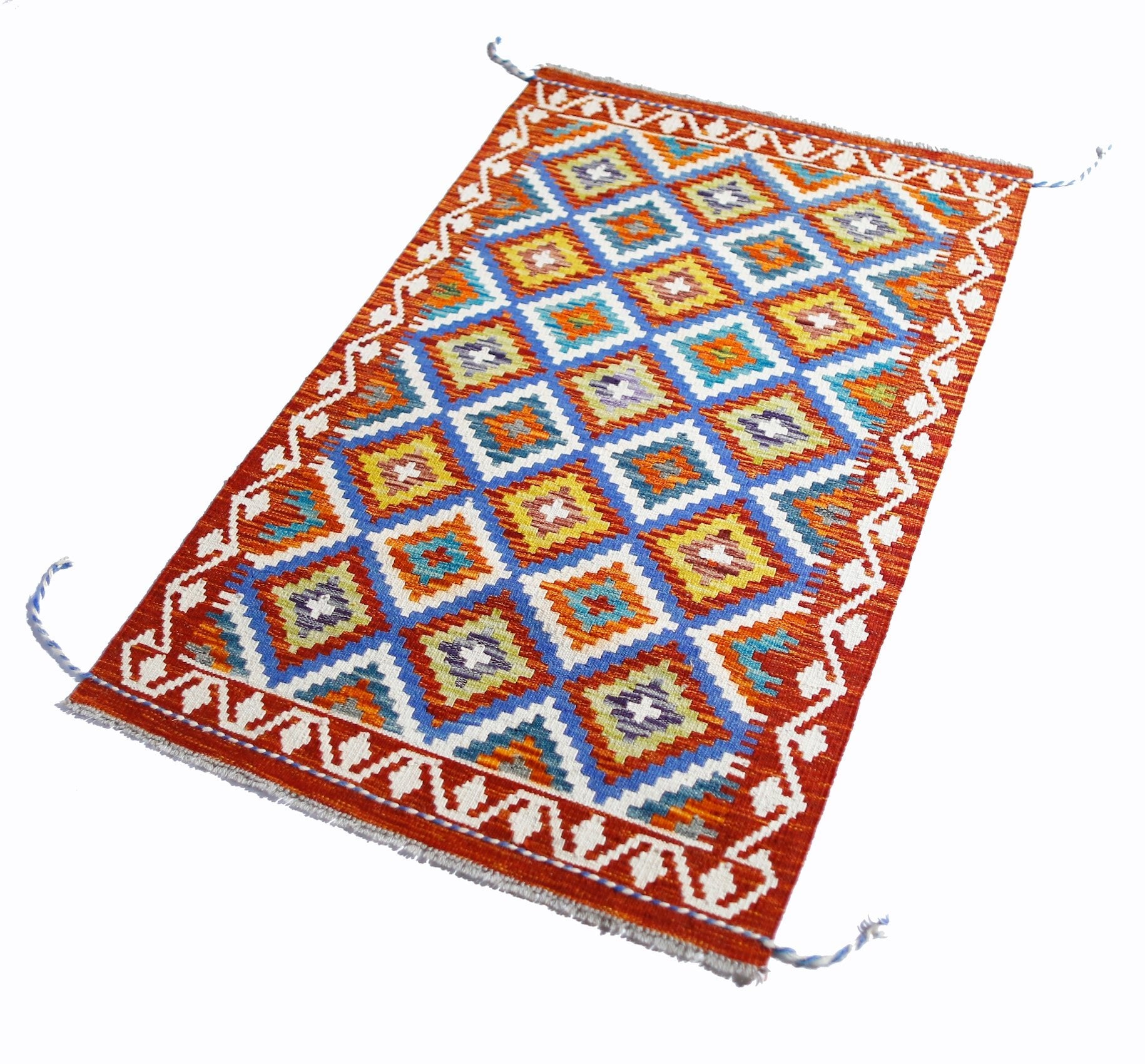 Handwoven Afghan Maimana kilim featuring a vibrant geometric diamond pattern in wool.