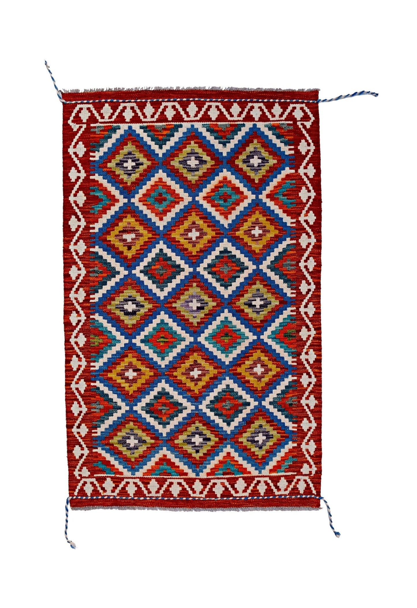 Handwoven Afghan Maimana kilim rug featuring a vibrant geometric diamond pattern in wool.