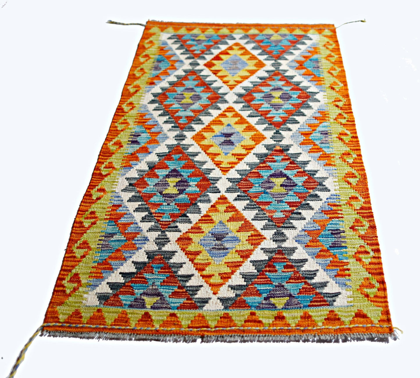 A rectangular handmade Afghan Maimana kilim featuring a vibrant geometric diamond pattern.