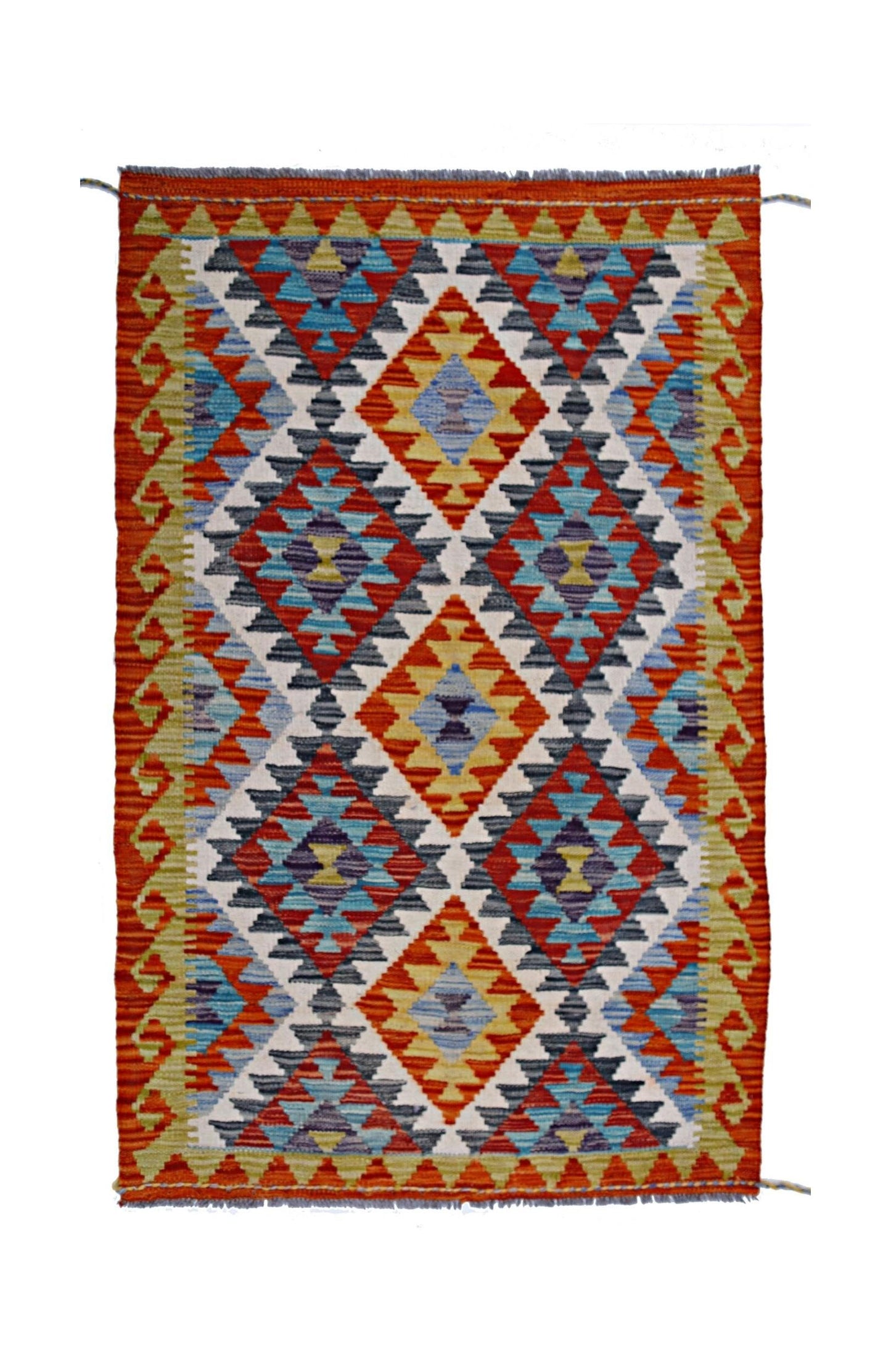 Handwoven Afghan Maimana kilim rug featuring a vibrant geometric diamond pattern in wool.