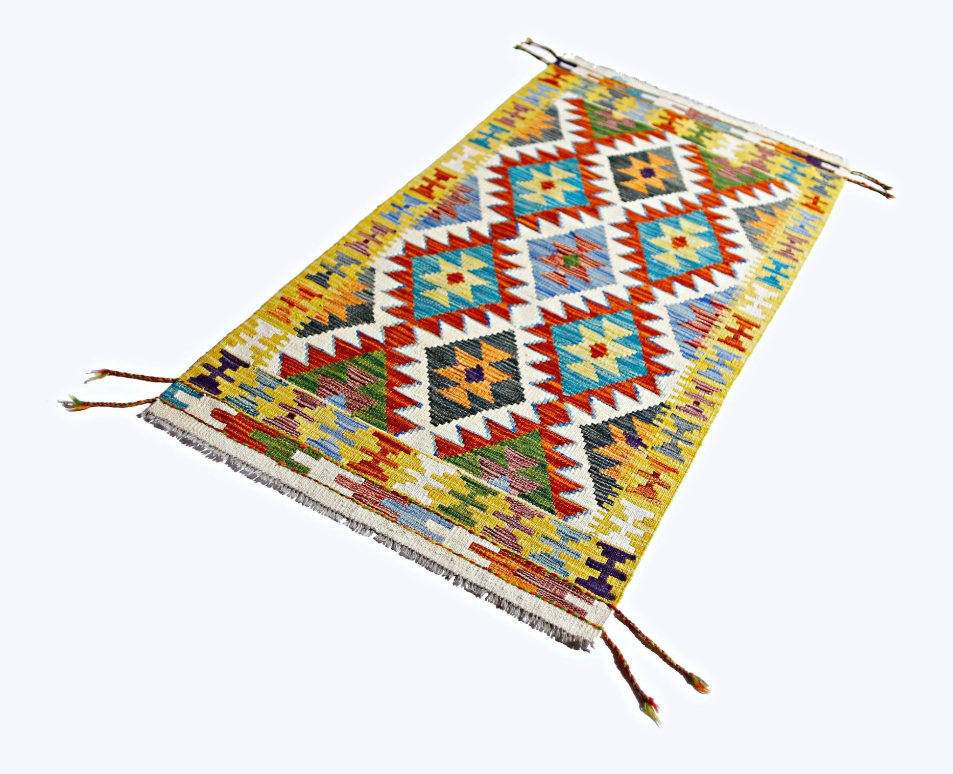 Handwoven Afghan Maimana wool kilim featuring a vibrant geometric pattern in a flatweave style.