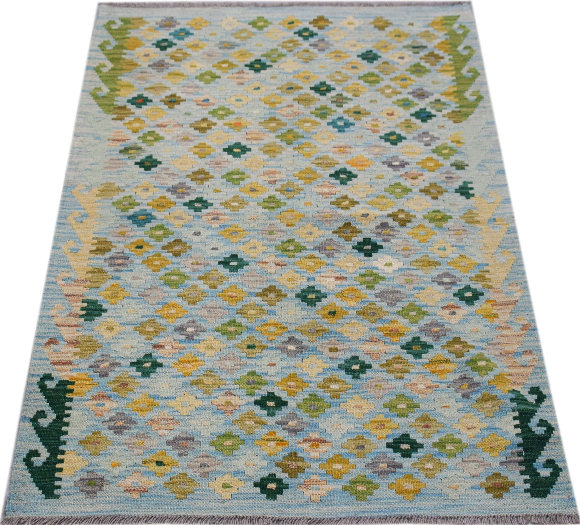 Handwoven Afghan Maimana kilim rug featuring a light blue field with a colorful geometric pattern.