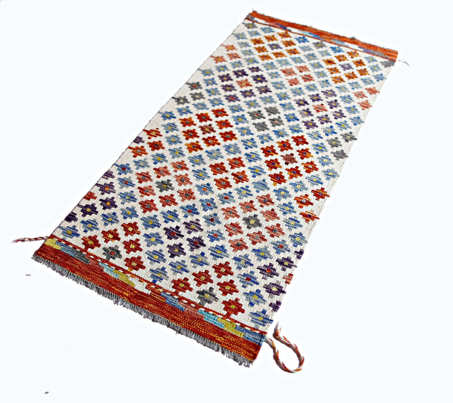 Handwoven Afghan Maimana kilim runner featuring a geometric pattern in vibrant multicolored wool.