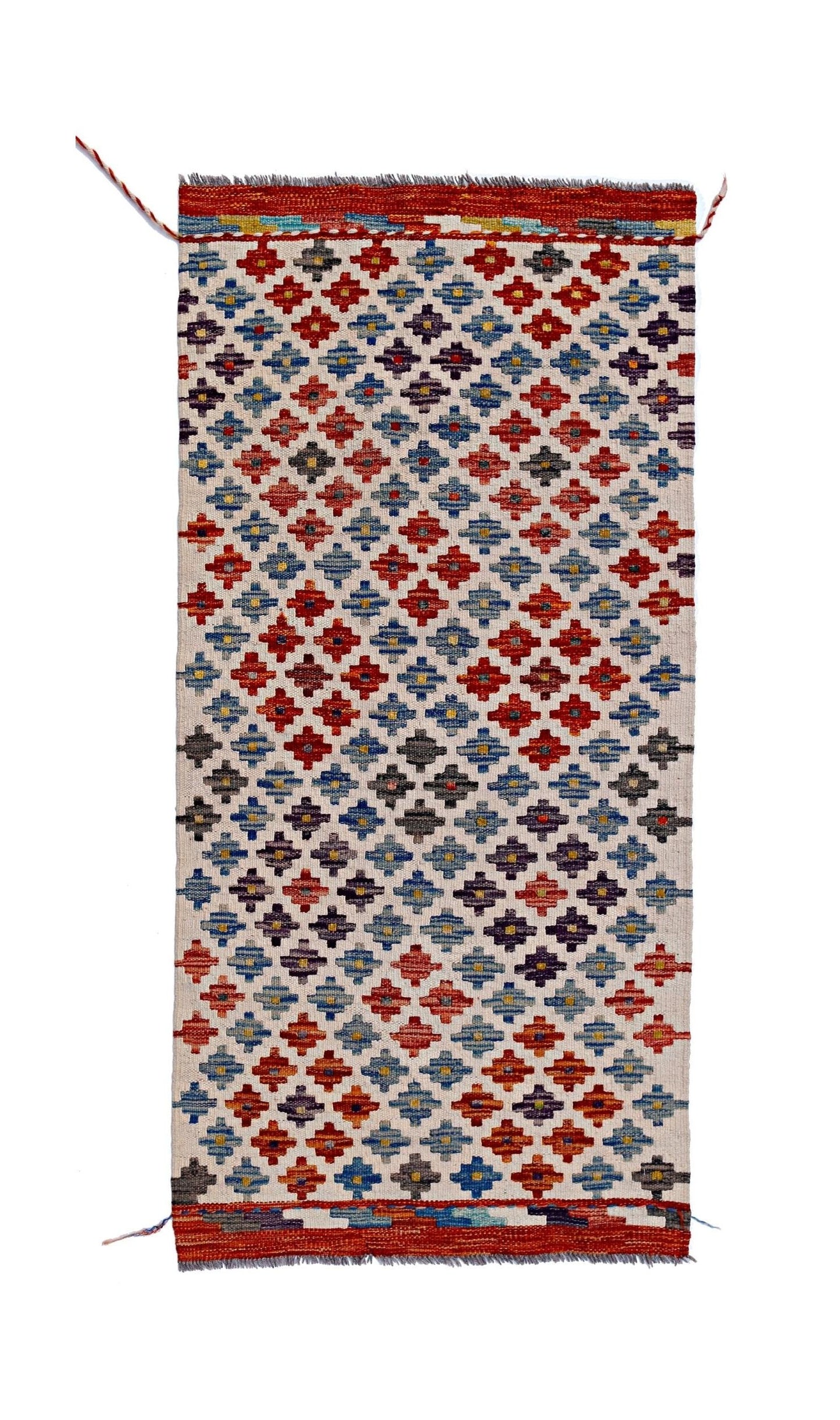 Handwoven Afghan Maimana wool kilim featuring a repeating geometric pattern in red and blue tones.