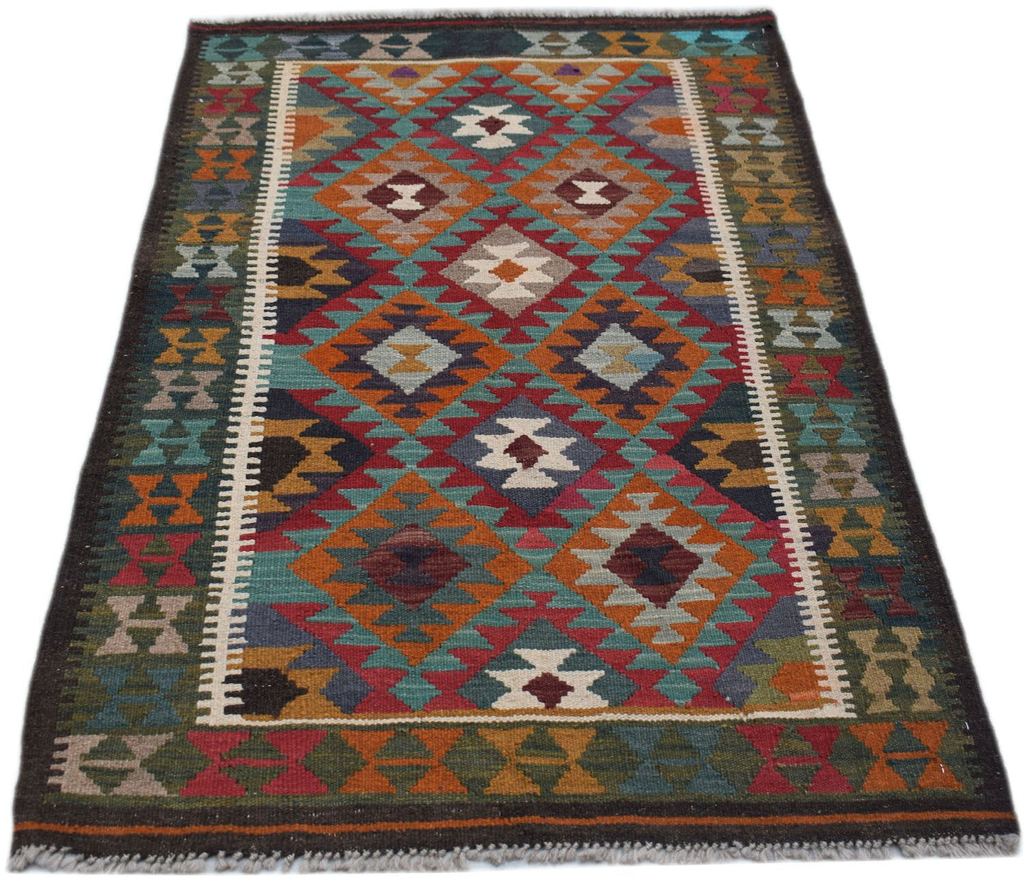 Handwoven Afghan Maimana kilim rug featuring a colorful geometric diamond pattern in wool.