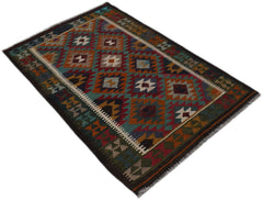 Handwoven Afghan Maimana kilim rug featuring a colorful geometric diamond pattern.