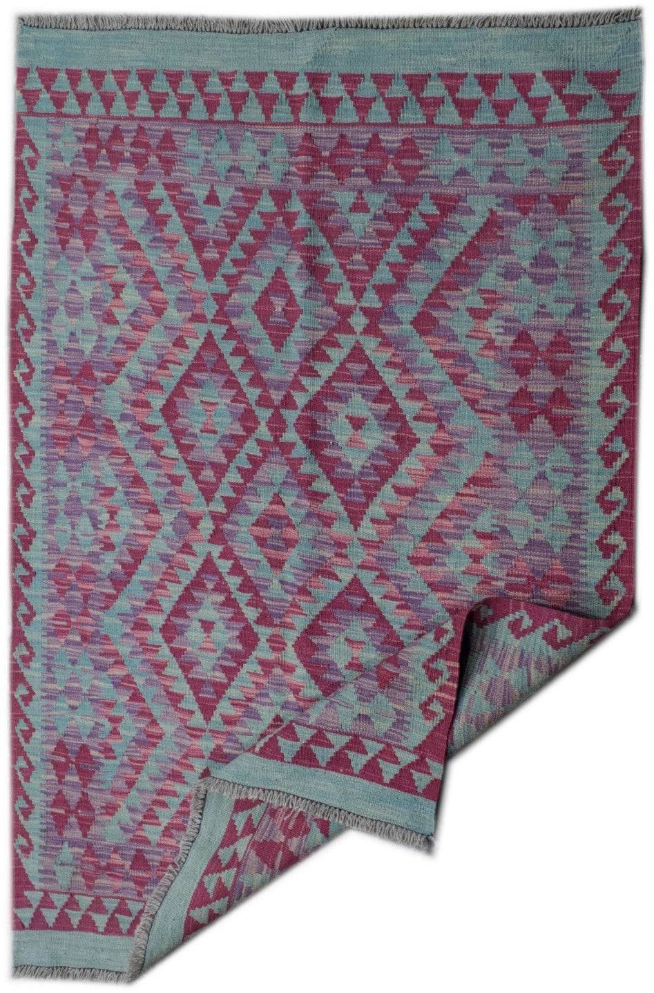 Handmade Afghan Maimana kilim rug featuring a geometric diamond pattern in teal and magenta.