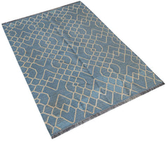 Afghan Maimana Kilim with a blue and beige geometric pattern.