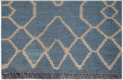 Afghan Maimana Kilim with a blue and cream geometric diamond pattern.