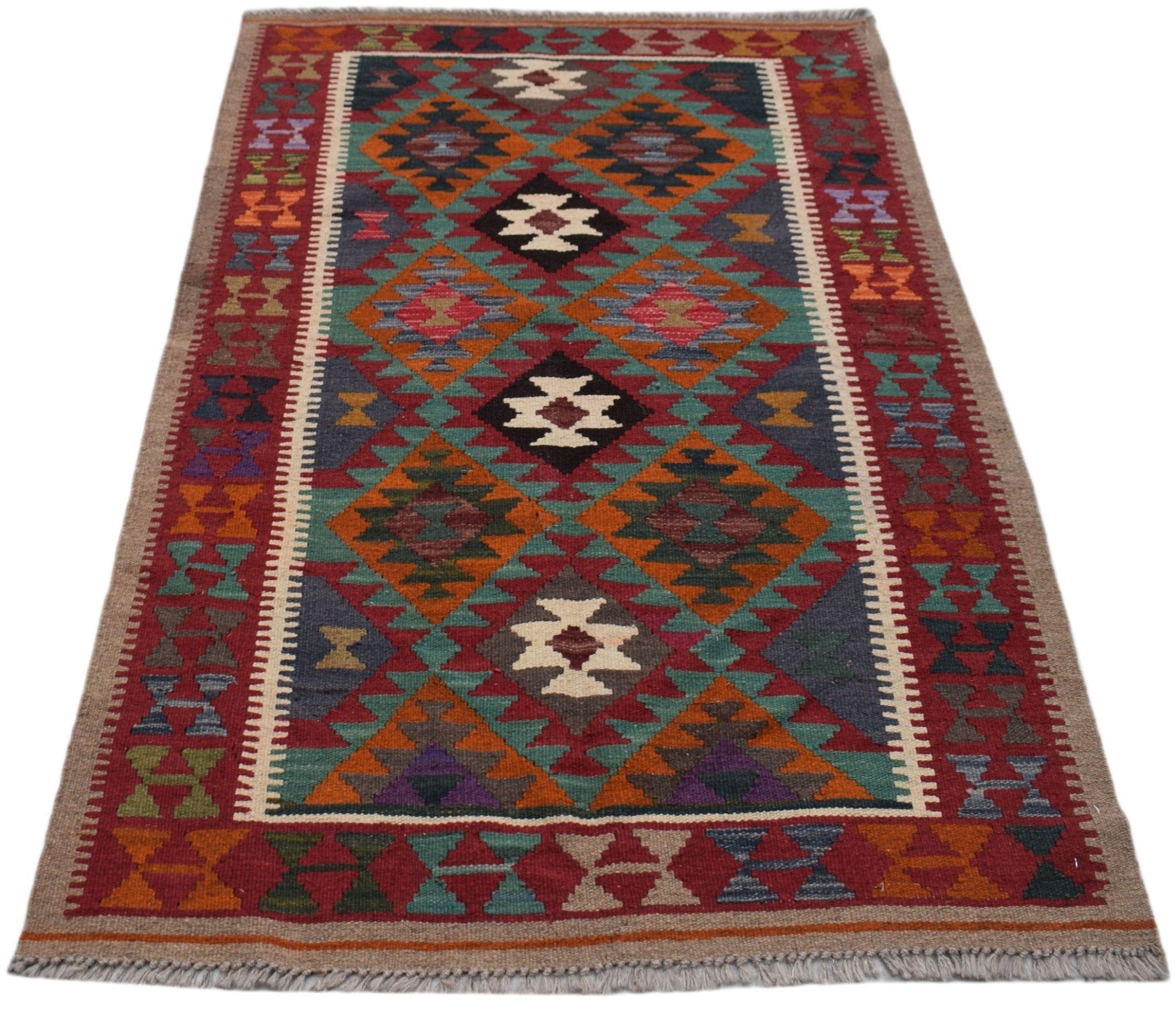 Handwoven Afghan Maimana kilim rug featuring a colorful geometric diamond pattern.