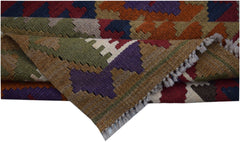 A handwoven Afghan Maimana kilim rug featuring a colorful geometric pattern and flatweave texture.