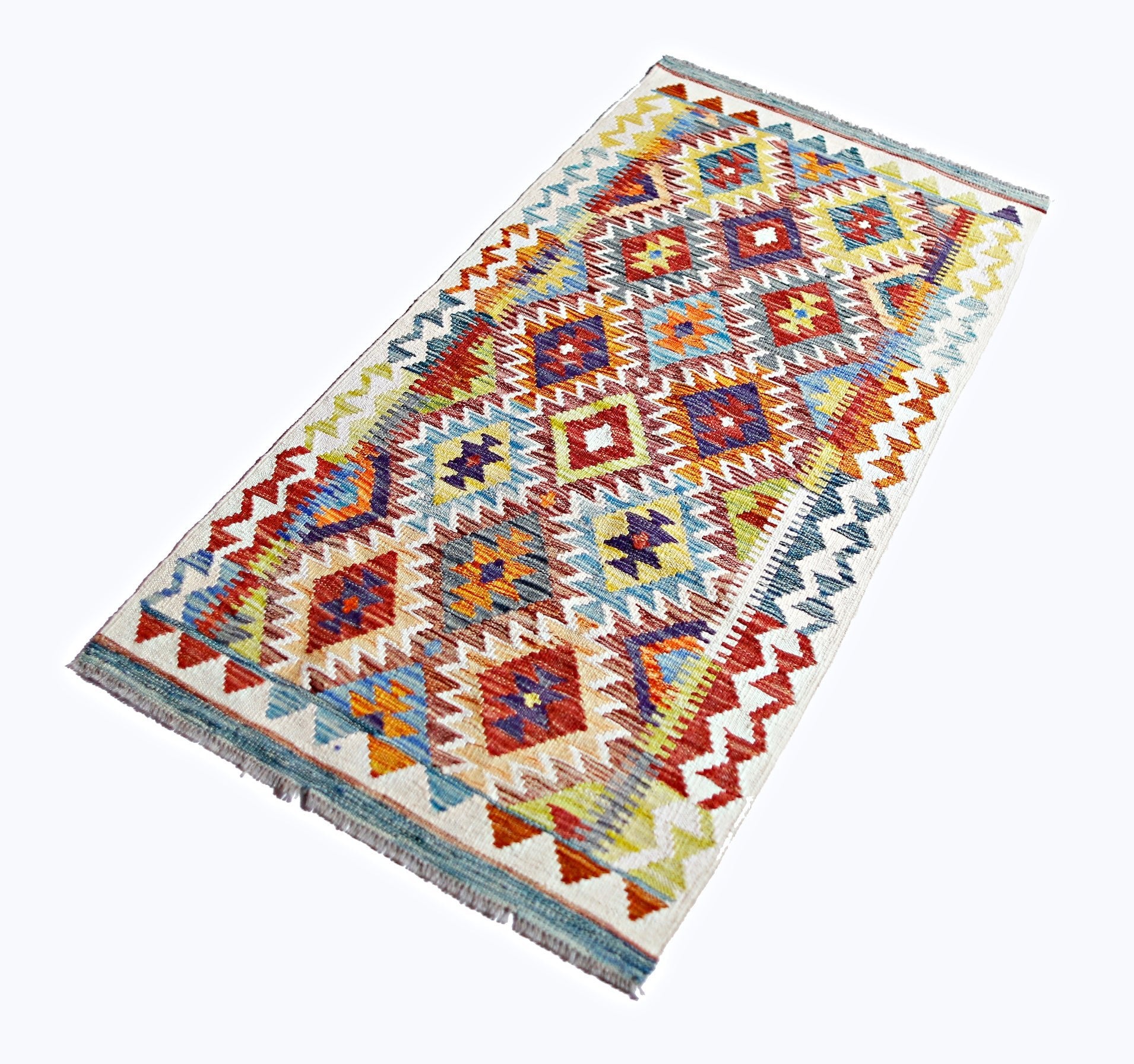 Handwoven Afghan Maimana kilim rug featuring a colorful geometric diamond pattern and fringe ends.