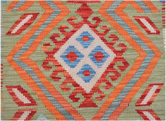 Handwoven Afghan Maimana kilim featuring a geometric diamond pattern in orange, blue, and red.