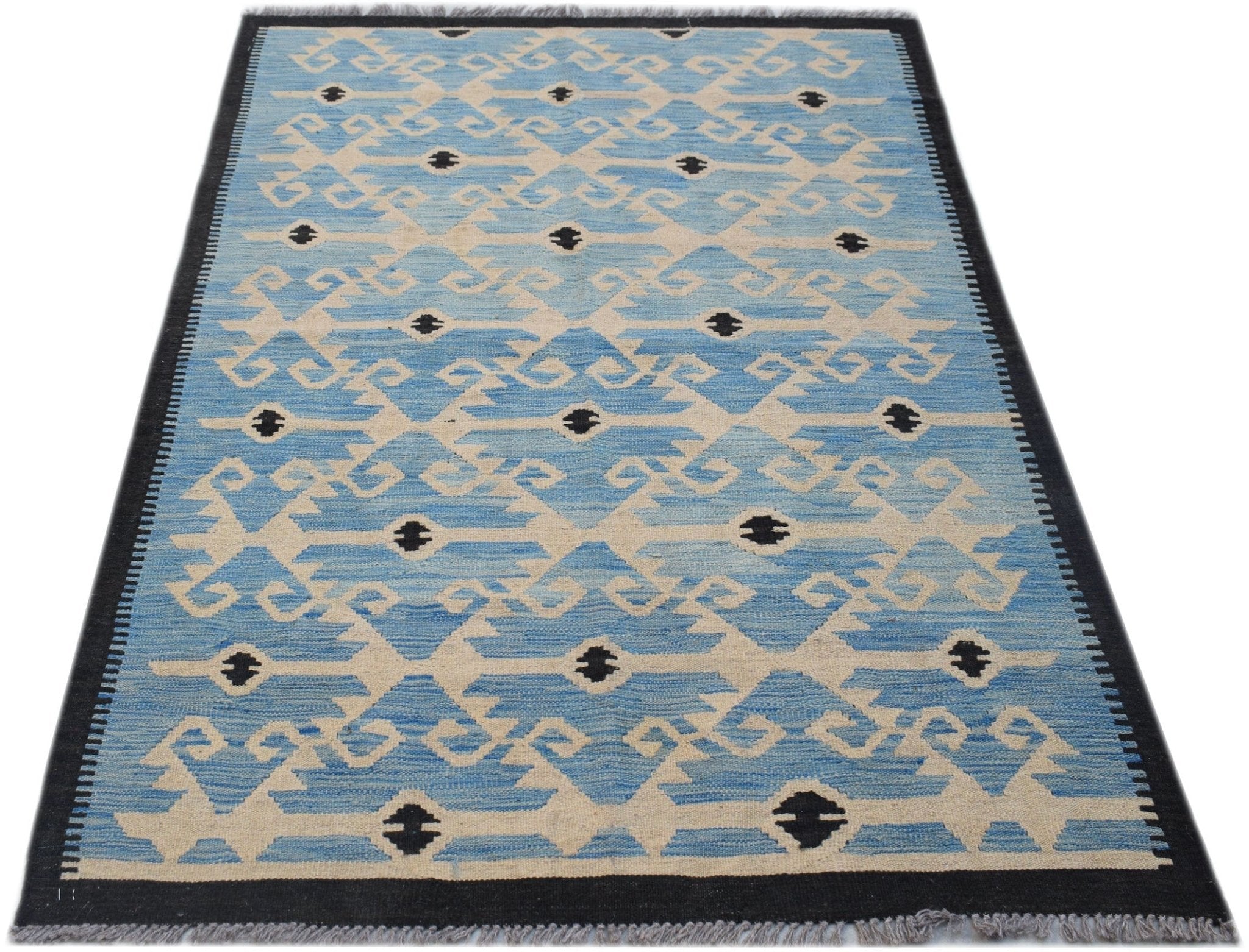 Handwoven Afghan Maimana kilim rug featuring a blue and cream geometric pattern with black accents.
