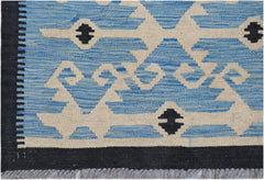 Handwoven Afghan Maimana kilim featuring a geometric pattern in blue, cream, and black.