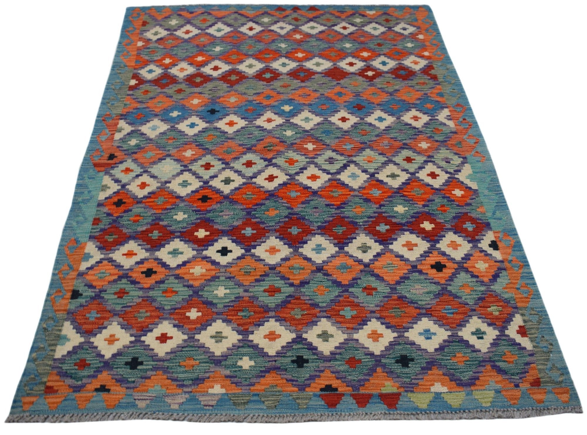 Handwoven Afghan Maimana kilim rug featuring a colorful geometric diamond pattern.