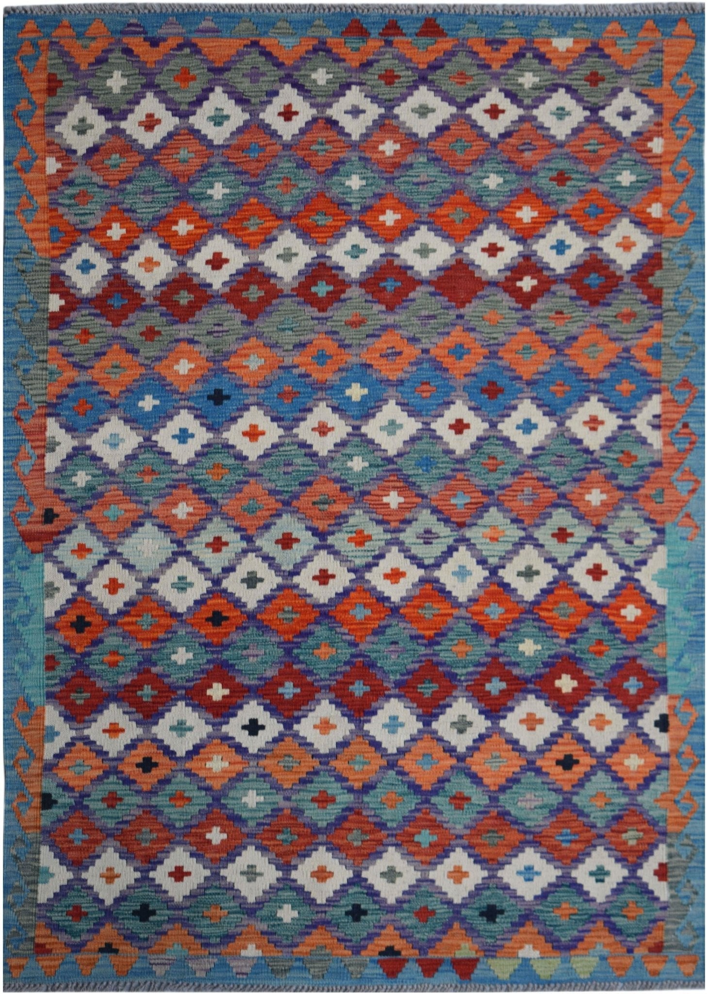 Handwoven Afghan Maimana kilim rug featuring a vibrant geometric diamond pattern in wool.