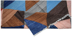 Handwoven Afghan Maimana kilim rug featuring a geometric pattern in blue, brown, grey, and pink.