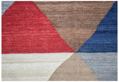 A handmade Afghan Maimana kilim featuring a geometric pattern in red, blue, brown, and cream.