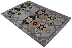 Handwoven Afghan Maimana kilim rug featuring a geometric pattern in blue, orange, and cream tones.