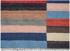 Handwoven Afghan Maimana kilim rug featuring a colorful geometric striped pattern and fringe.
