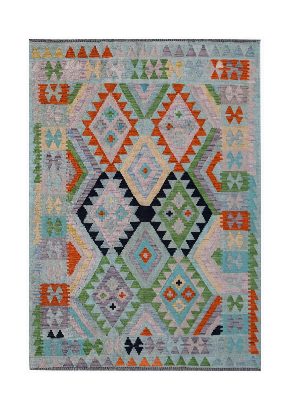 Handwoven Afghan Maimana kilim rug featuring a geometric diamond pattern in vibrant multicolored wool.