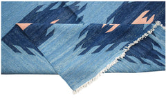 Afghan Maimana Kilim with blue and pink geometric pattern.