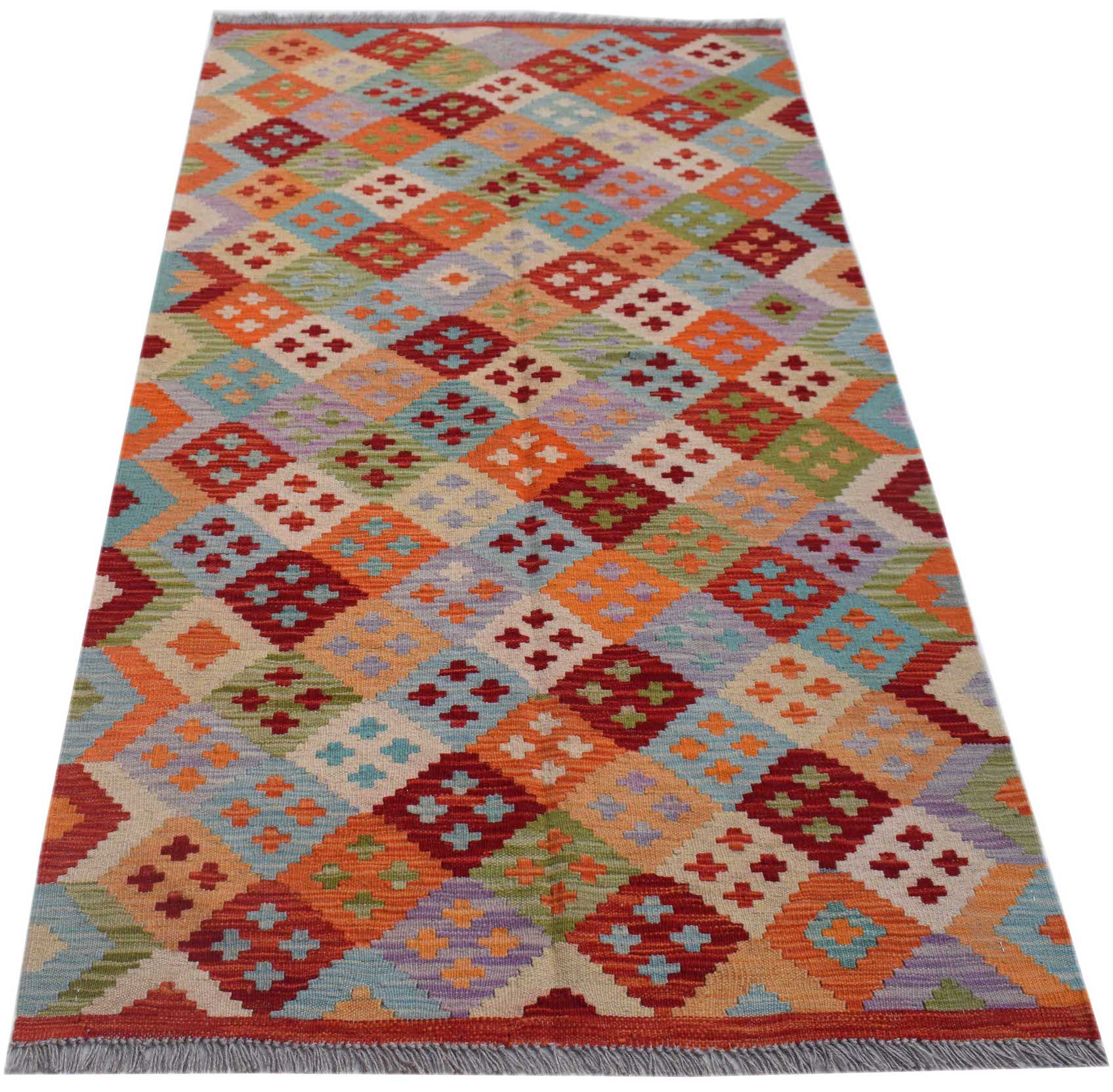 Handmade Afghan Maimana kilim rug featuring a colorful geometric diamond pattern in wool.