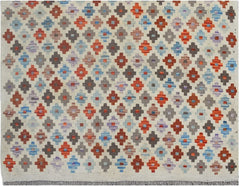 Handmade Afghan Maimana kilim rug featuring a repeating geometric pattern in vibrant colors.