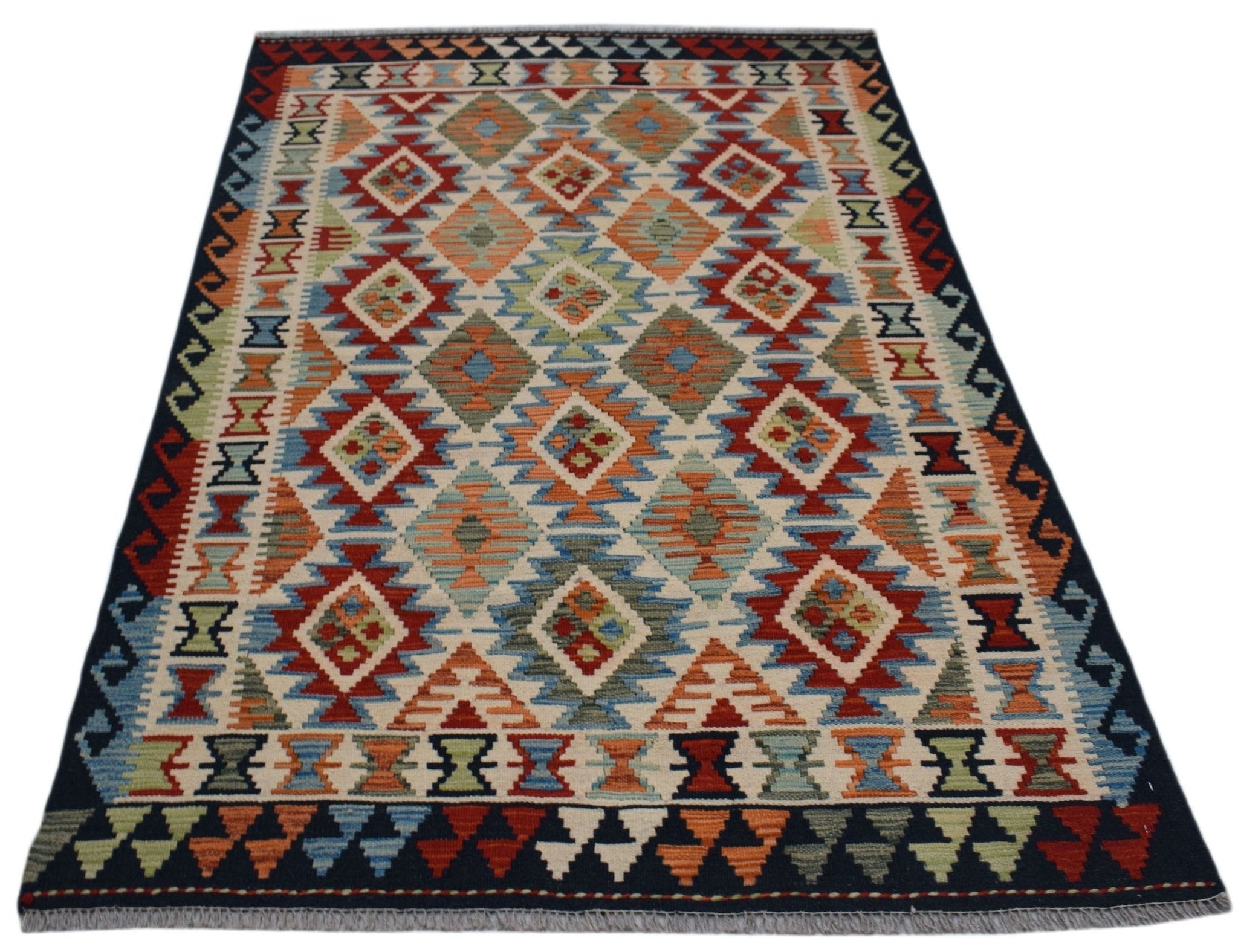 Handwoven Afghan Maimana kilim rug featuring a colorful geometric diamond pattern.