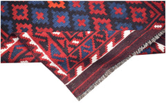 A handmade Afghan Maimana kilim featuring a geometric pattern in red, blue, and black wool.