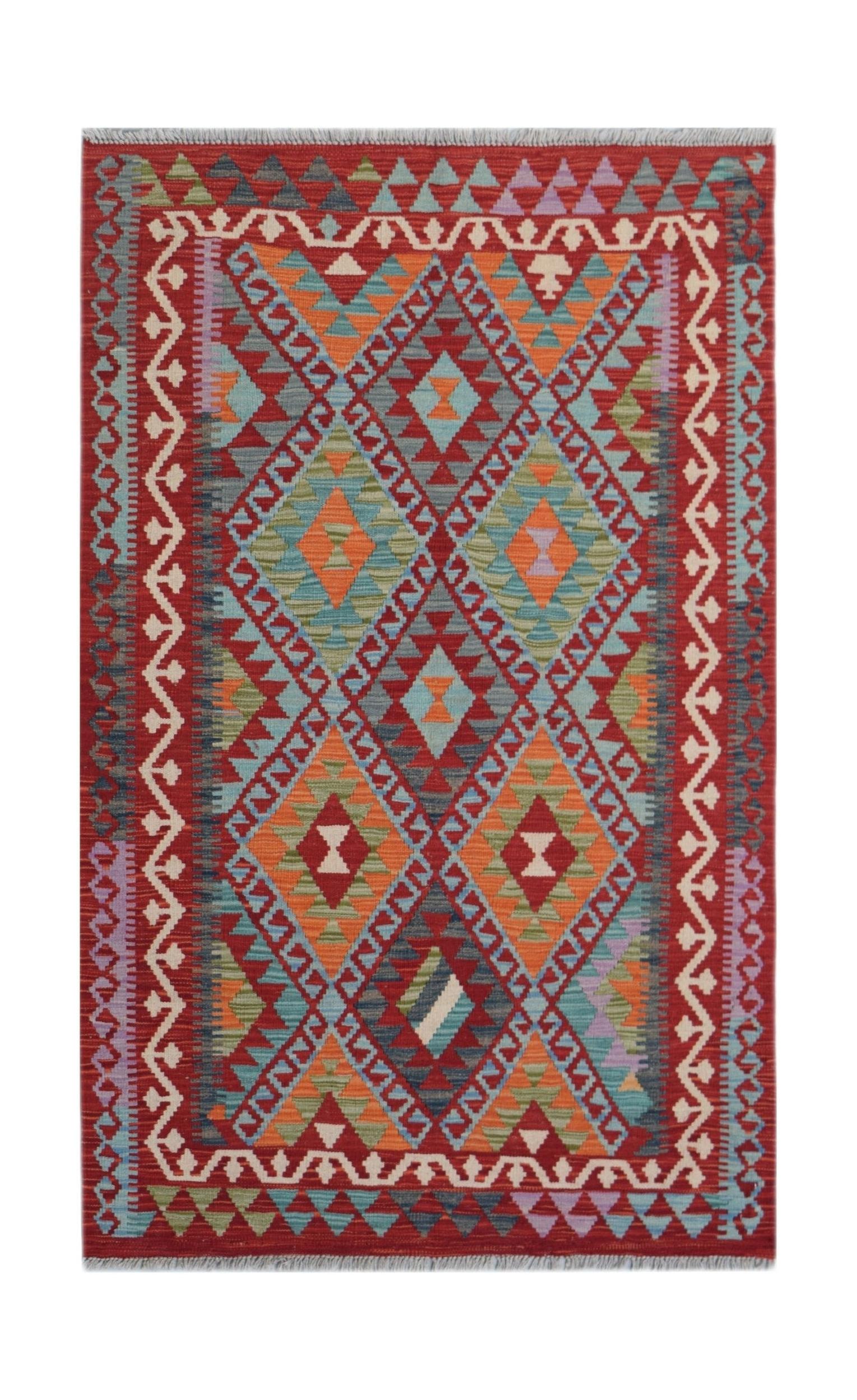 Handwoven Afghan Maimana kilim rug featuring a vibrant geometric diamond pattern in wool.