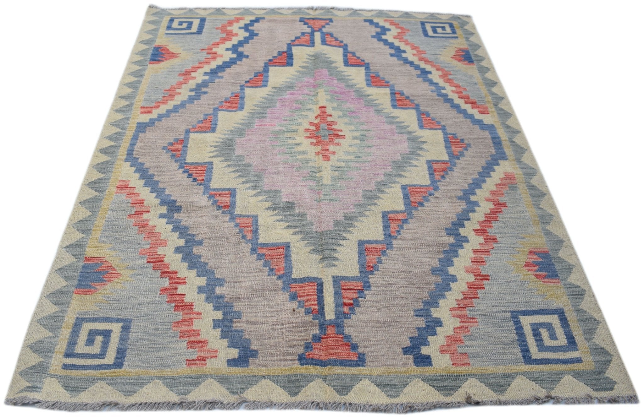 Handwoven Afghan Maimana kilim rug featuring a geometric diamond pattern in soft pastel tones.