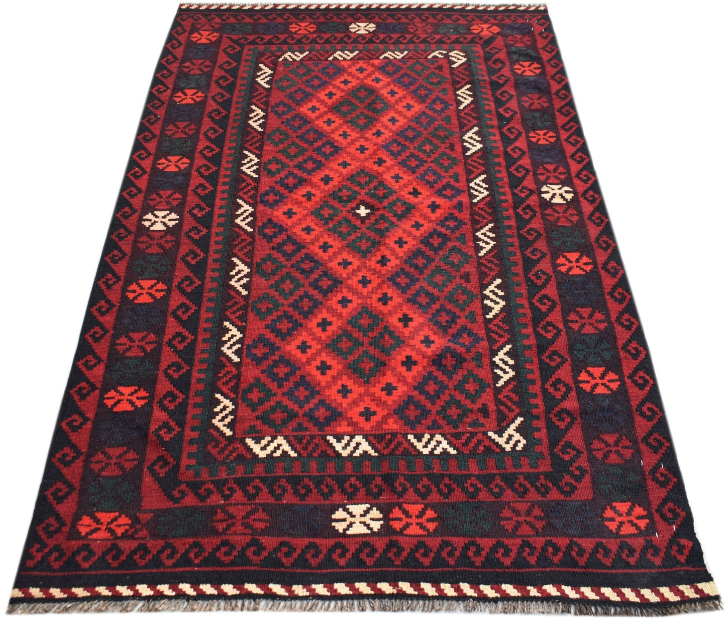 Handwoven Afghan Maimana kilim rug featuring a geometric diamond pattern in red and dark blue.