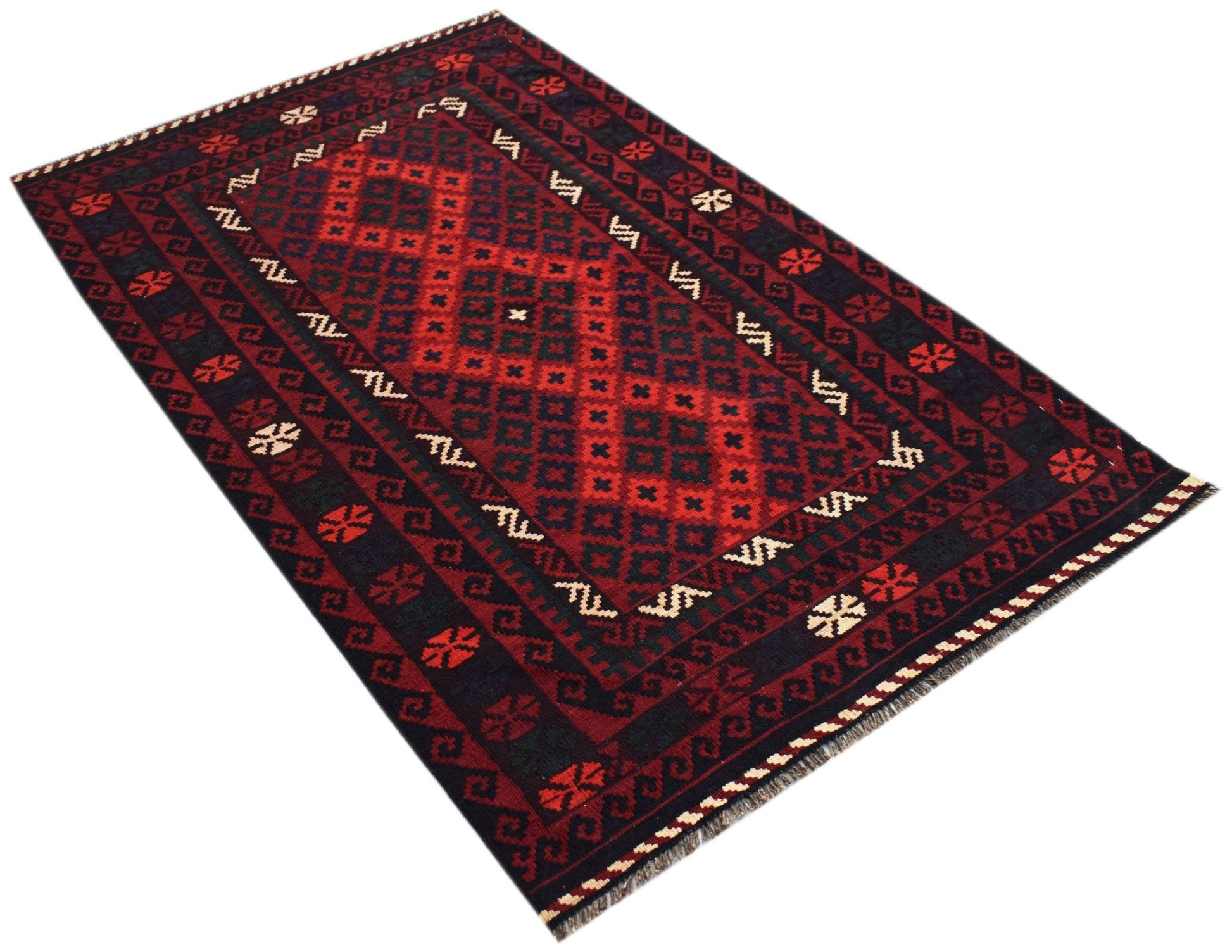 Handwoven Afghan Maimana kilim rug featuring a geometric diamond pattern in red and dark blue.