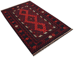 Handwoven Afghan Maimana kilim rug featuring a geometric diamond pattern in red and dark blue.