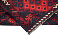 A handmade Afghan Maimana kilim rug featuring a geometric pattern in red, black, and cream wool.