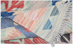 Afghan Maimana Kilim with abstract geometric patterns in blue, red, and cream.