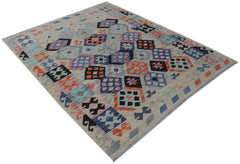 Handmade Afghan Maimana kilim rug featuring a geometric pattern in blue, orange, and black.