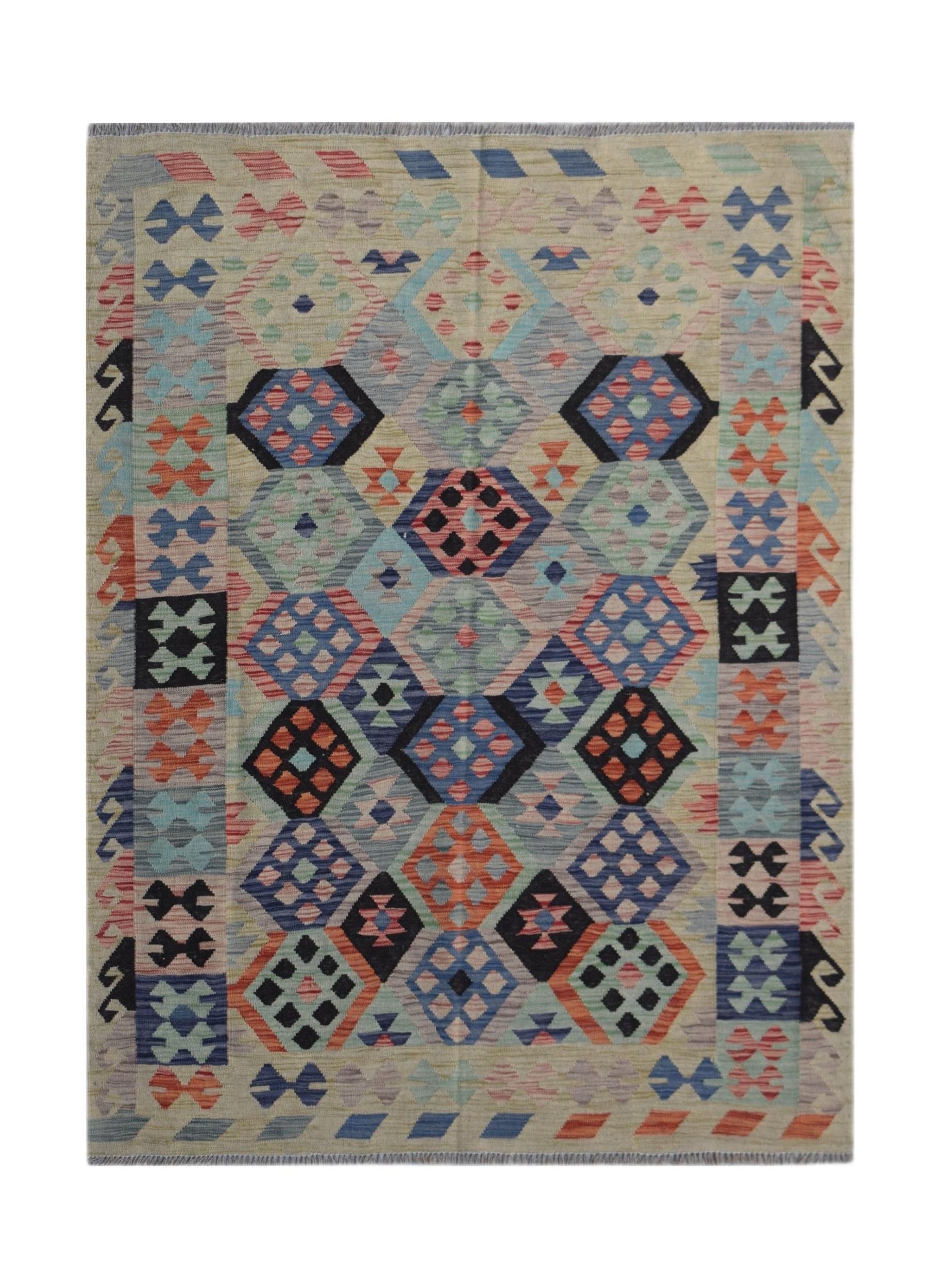 Handwoven Afghan Maimana kilim rug featuring a colorful geometric pattern on a light background.