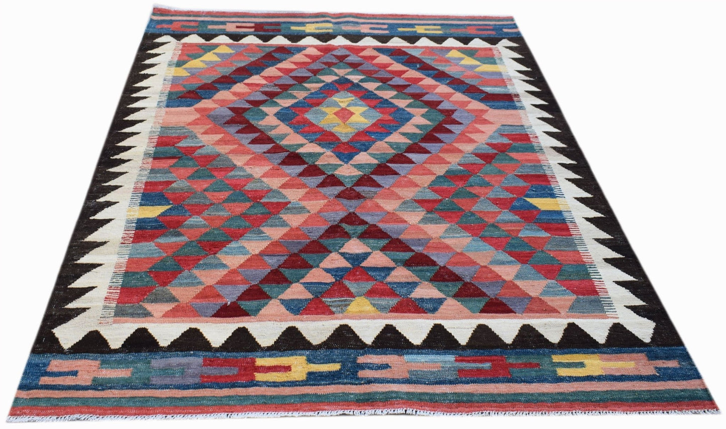 Handwoven Afghan Maimana Kilim rug featuring a colorful geometric diamond pattern.